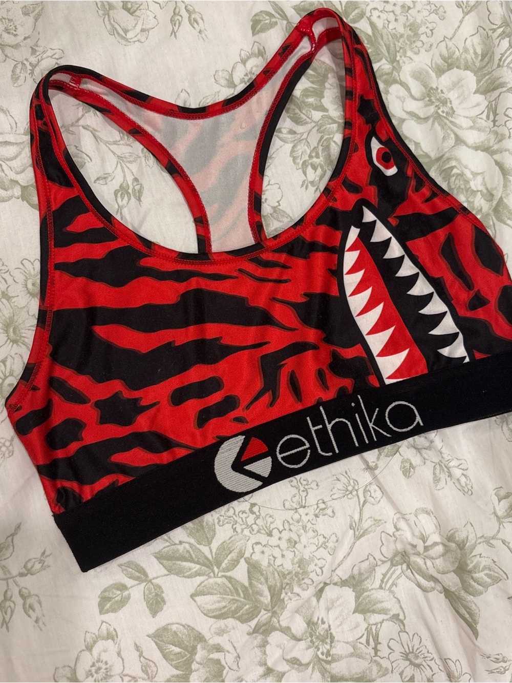 ethika Red & Black Shark-Print Racerback Sports Bra